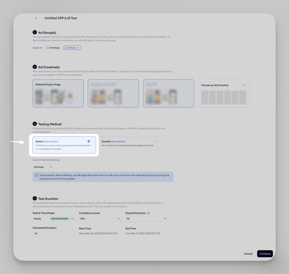 Create an Ad Group Switch test for CPP A/B Testing