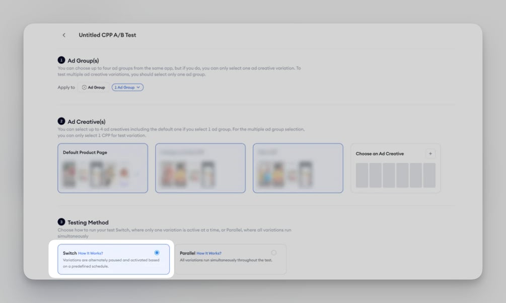 Create an Ad Switch test for CPP A/B Testing