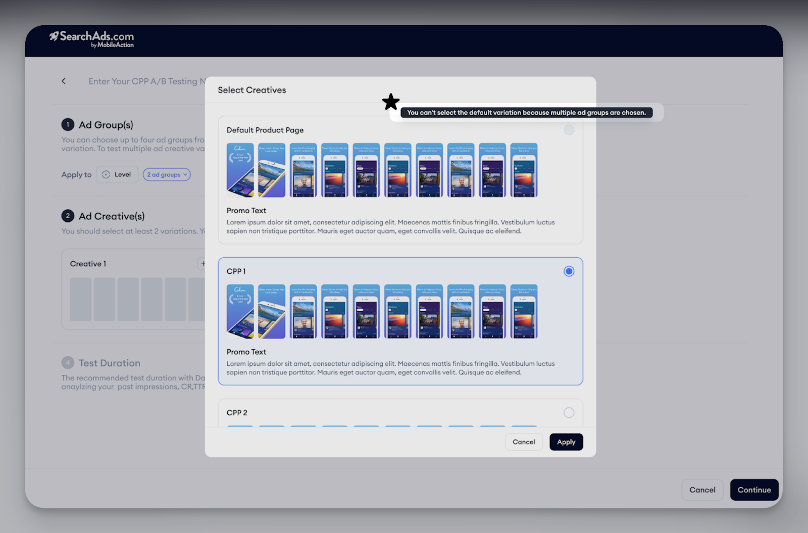 Create a multiple ad group Parallel test for CPP A/B Testing