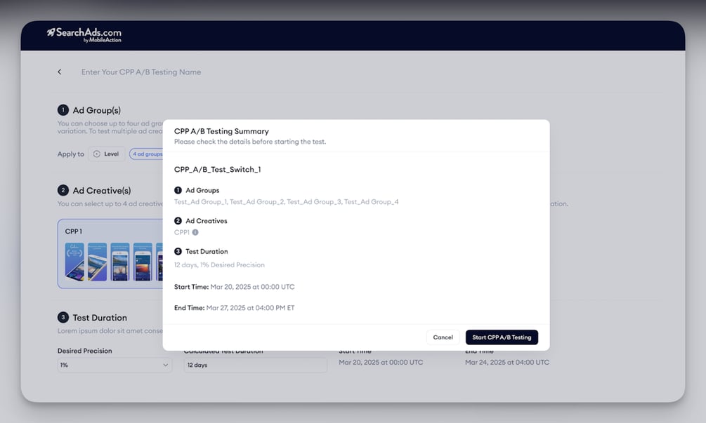 Create a single ad group Parallel test for CPP A/B Testing
