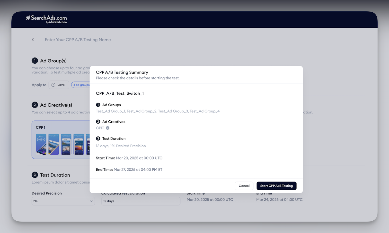 Create a single ad group Parallel test for CPP A/B Testing