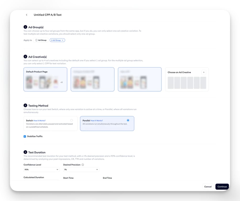 Create a single ad group Parallel test for CPP A/B Testing